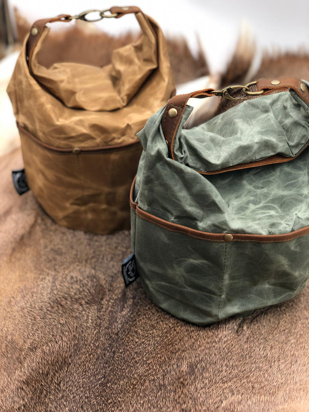 Large Wax Canvas Bags - Tan & Green